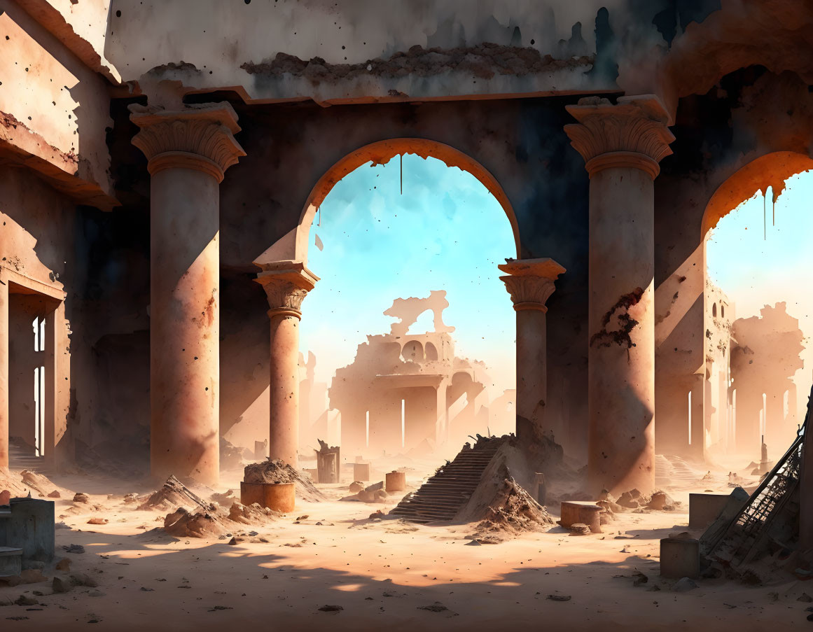 Ancient temple ruins with columns and arches in desert sunlight
