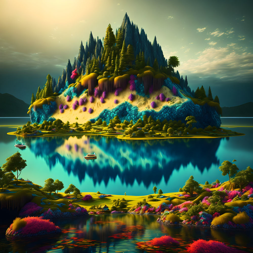Vibrant island with colorful vegetation and exaggerated mountain peaks by serene lake at dusk