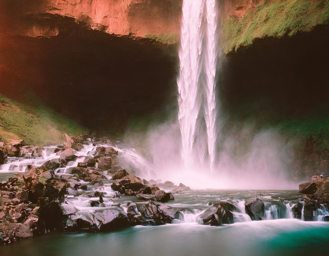 Majestic waterfall cascading into misty pool surrounded by cliffs