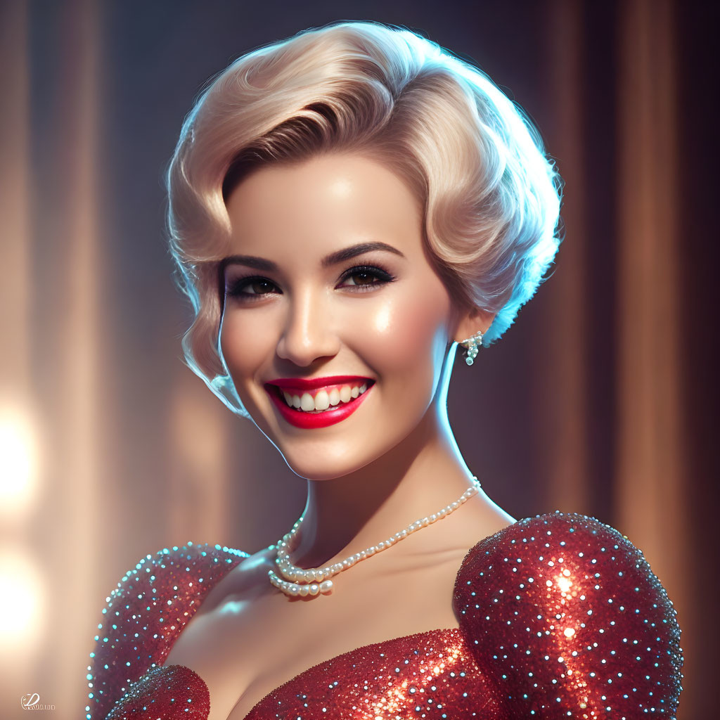 Smiling woman in vintage attire with red lipstick and pearls