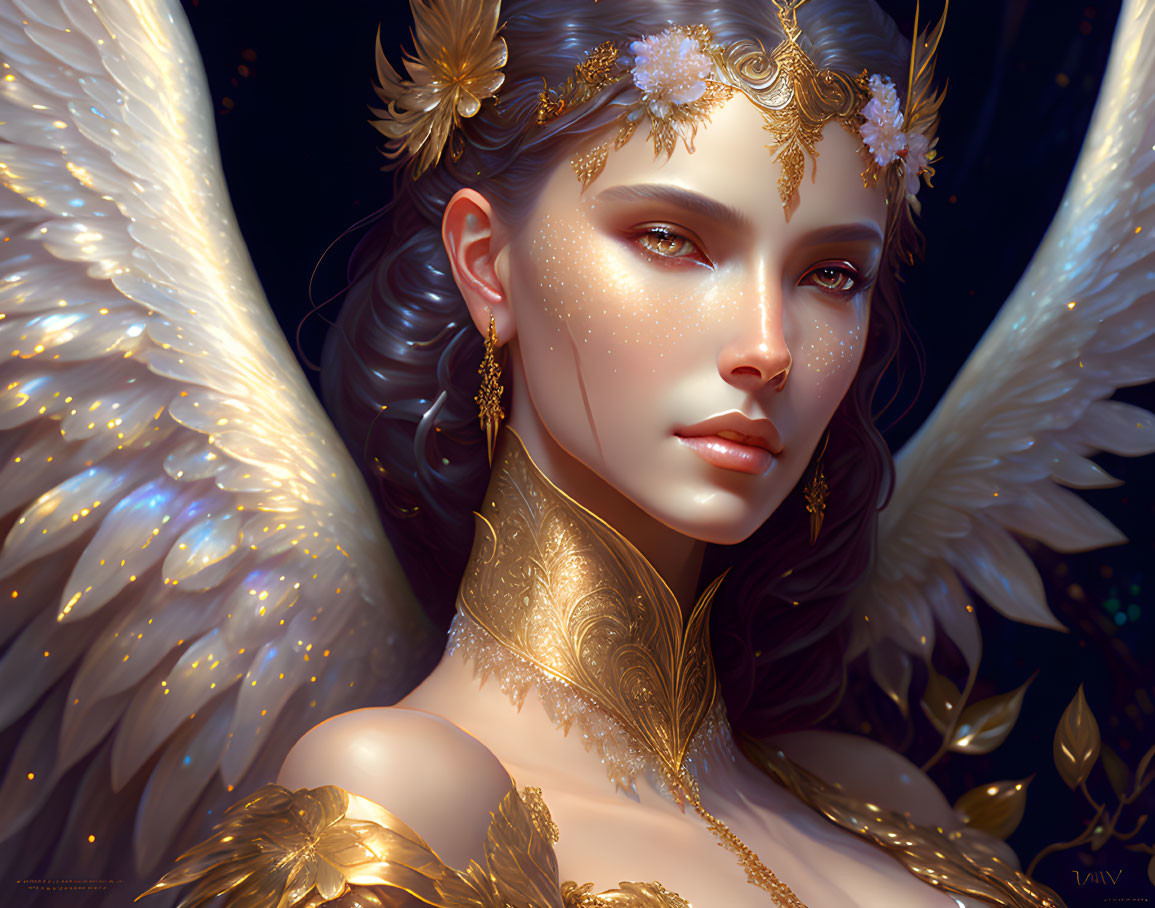 Digital portrait of woman with gold adornments and white wings on dark background