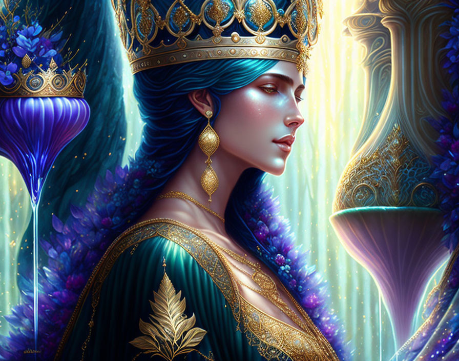 Illustration of regal woman with blue hair in golden crown and jewelry on vibrant noble-themed background