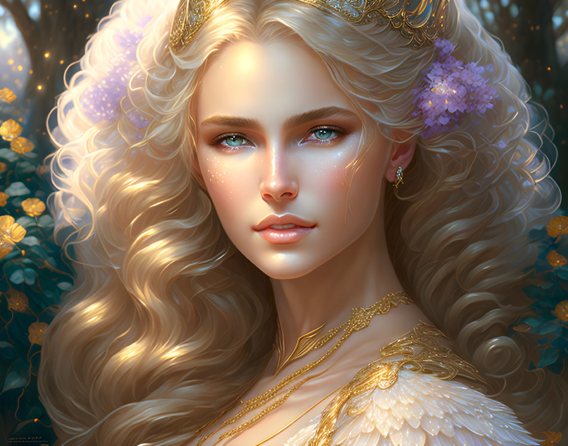 Woman with Long Blonde Hair and Blue Eyes in Enchanted Forest Portrait