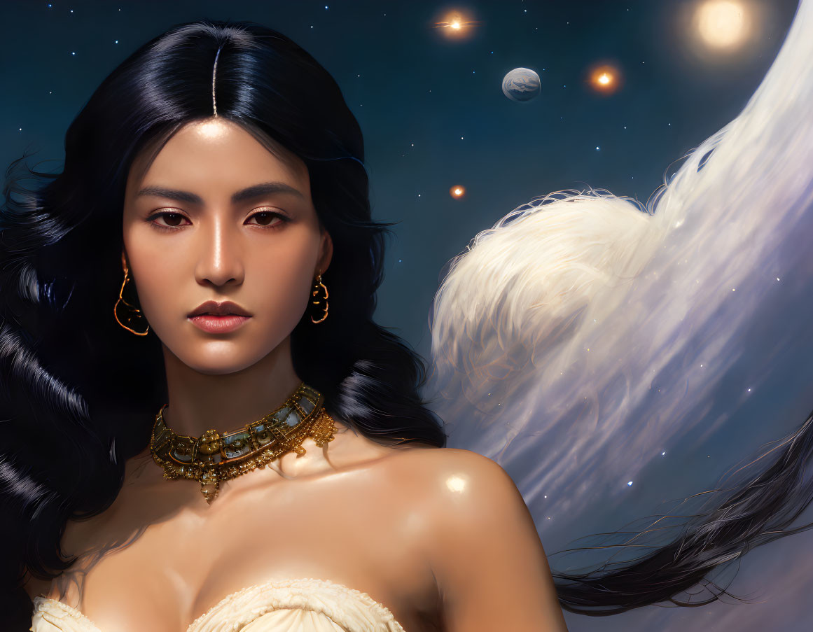 Dark-haired woman with golden jewelry in cosmic setting.