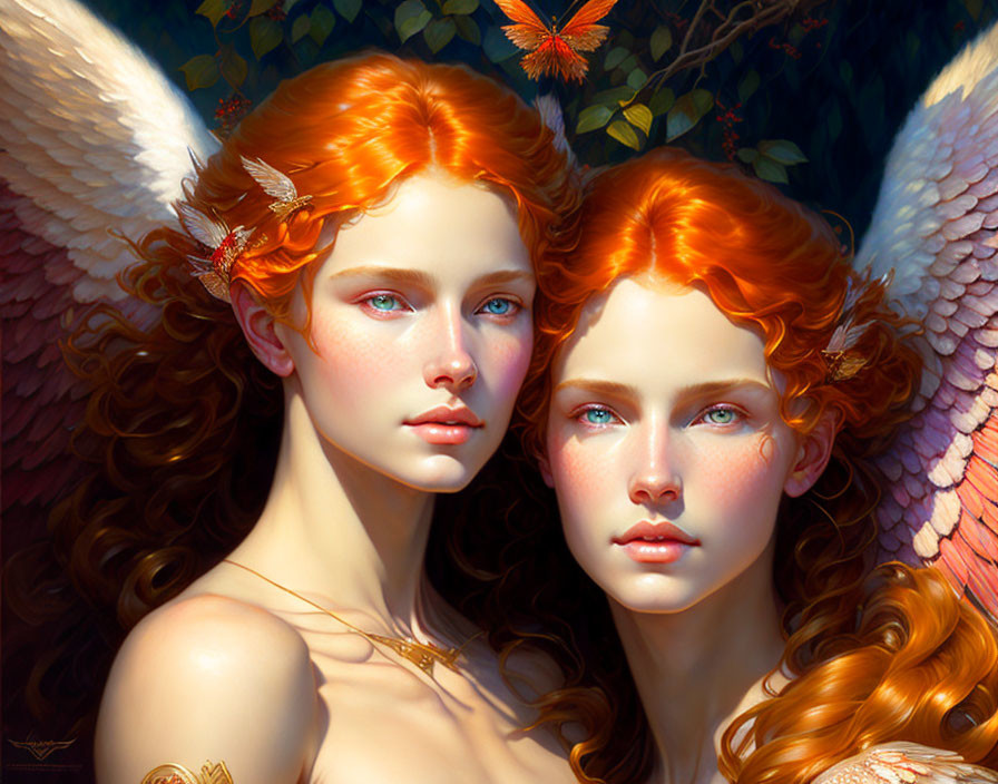 Fiery red hair angels in serene forest scene