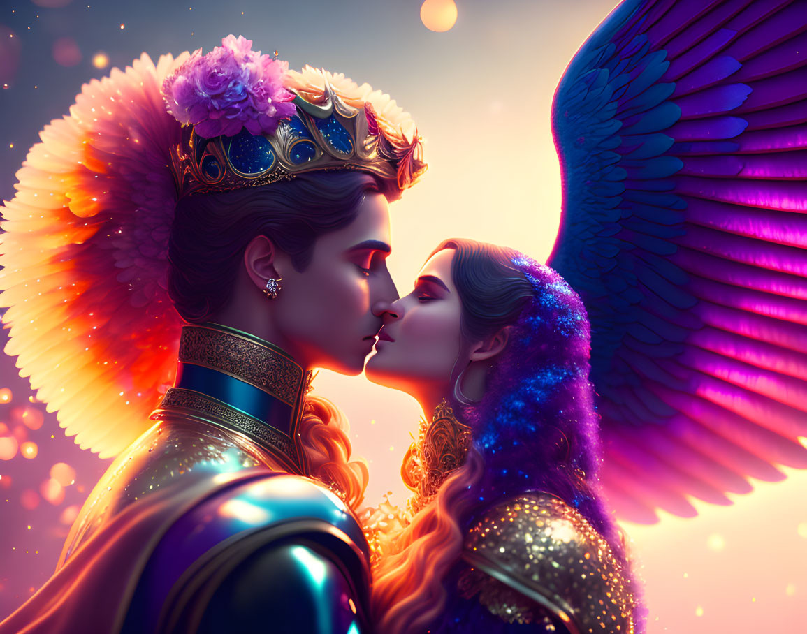 Illustrated characters with angelic wings kissing in magical aura
