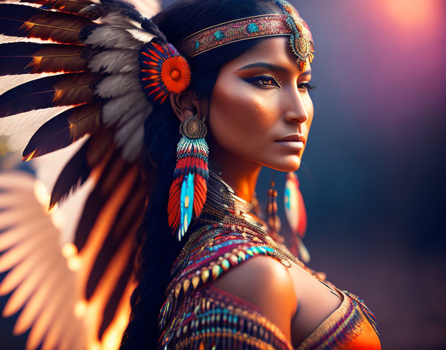 Vibrant traditional attire and striking makeup woman with feathered headdress.