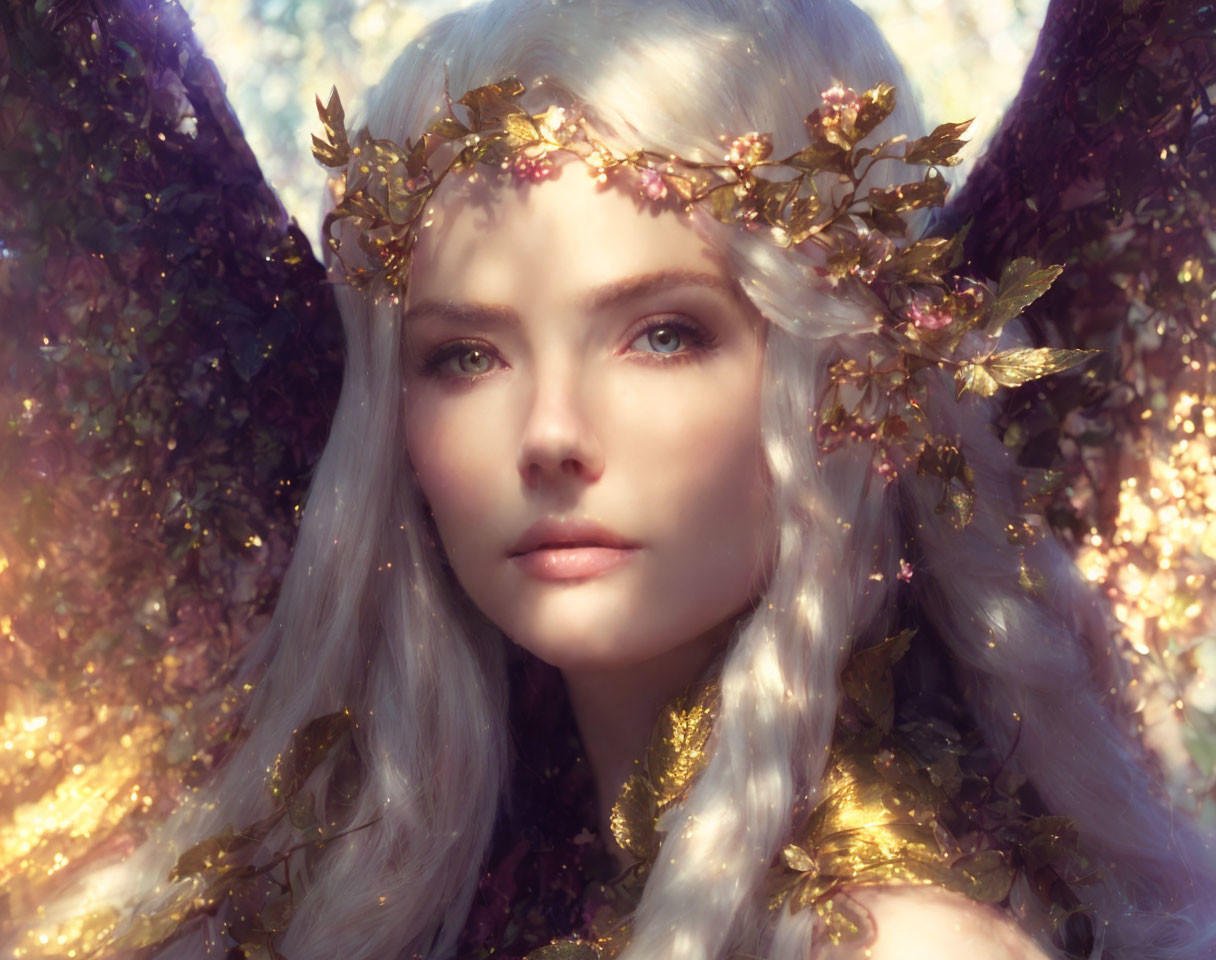 Silver-haired woman with golden leaf crown in soft glowing light.