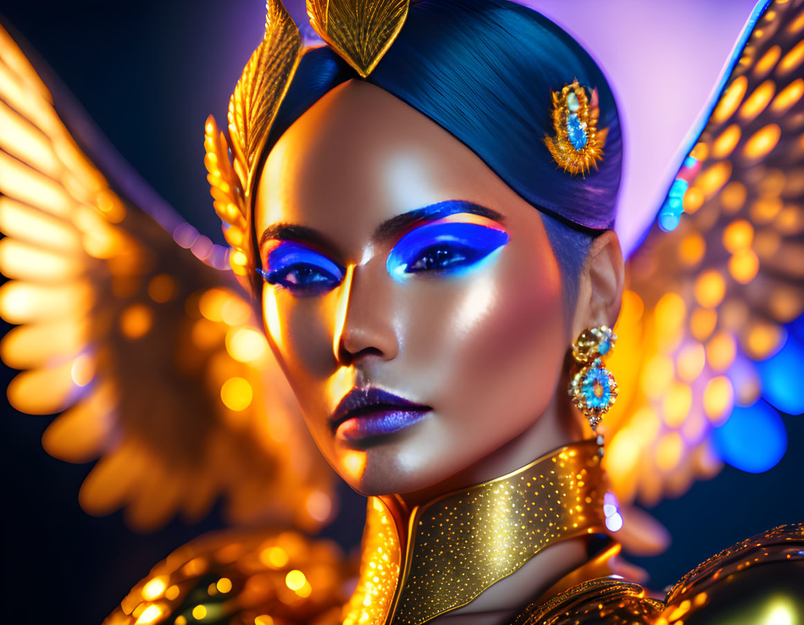 Portrait of Woman with Golden Wings and Blue Makeup on Dark Background