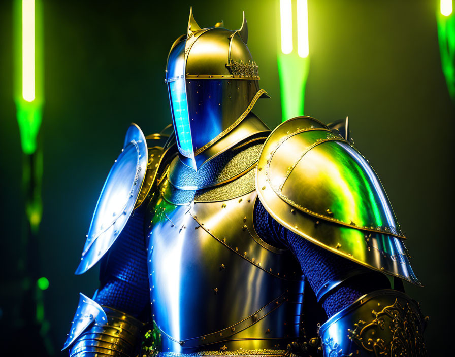 Intricately detailed suit of armor under green lights