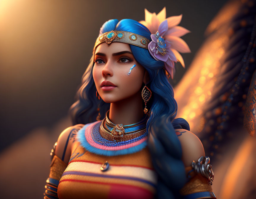 Digital art portrait of woman with blue hair in regal attire and golden wing.