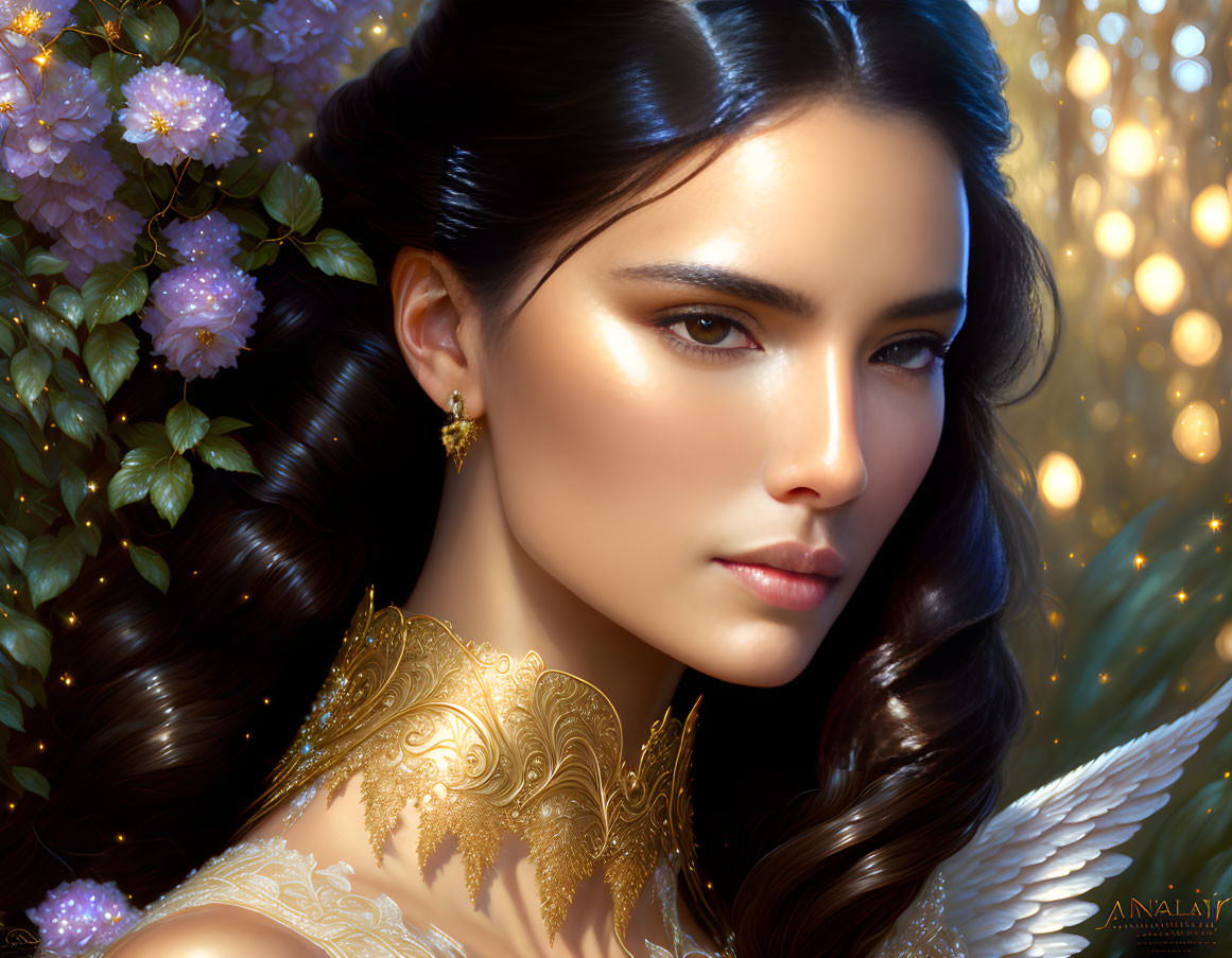 Portrait of woman with long dark hair, ornate attire, angel wings, purple flowers.