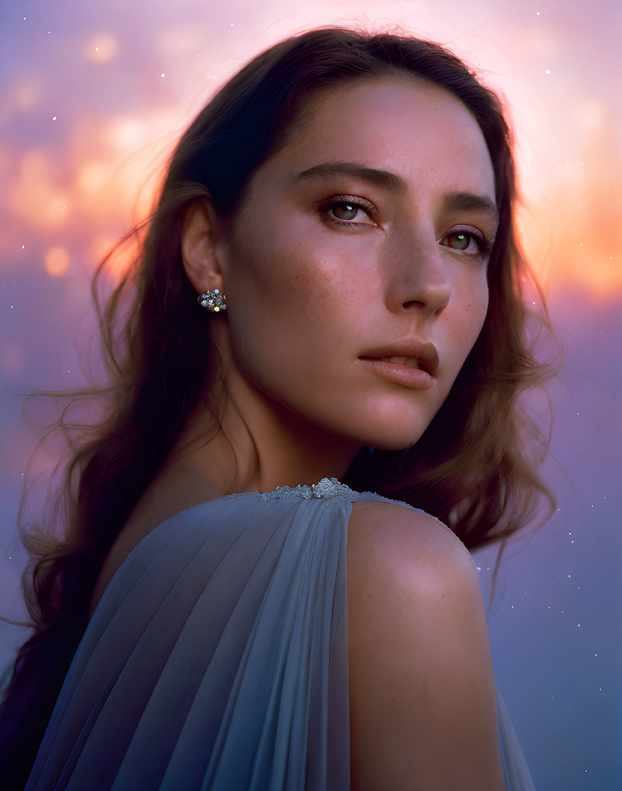 Brown-haired woman in pastel blue dress with jeweled collar under twilight sky