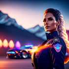 Digital art: Woman in fur collar & military attire, mountains & vintage cars under streetlights