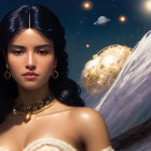 Dark-haired woman with golden jewelry in cosmic setting.