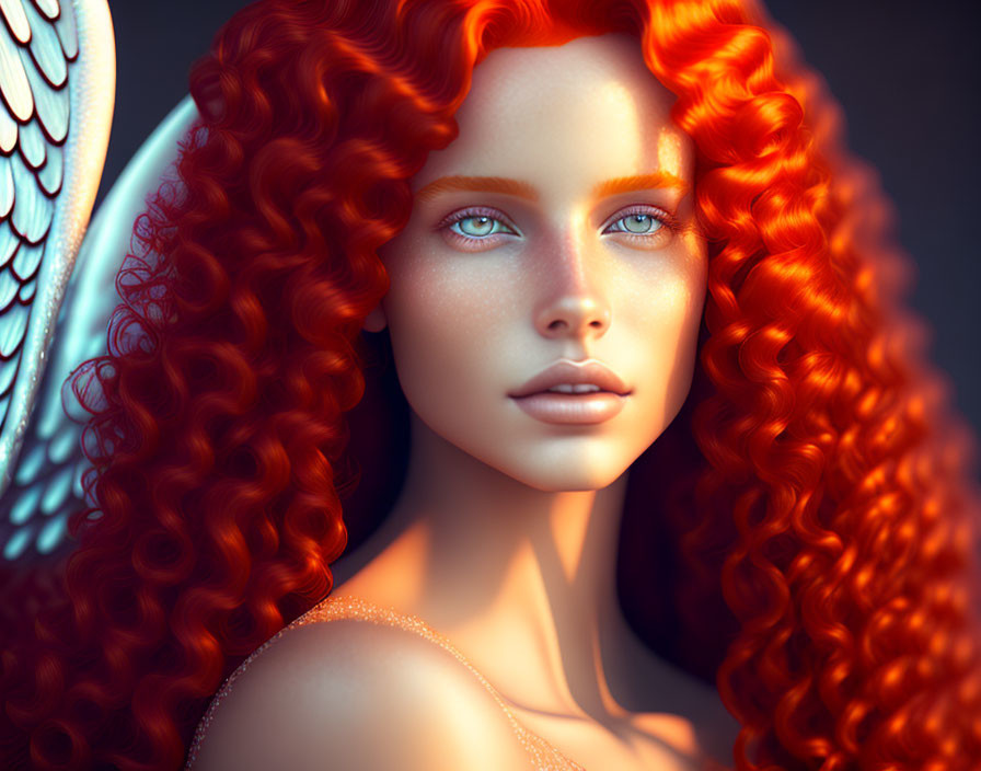 Digital artwork: Woman with red curly hair, blue eyes, fair skin, and white wing.
