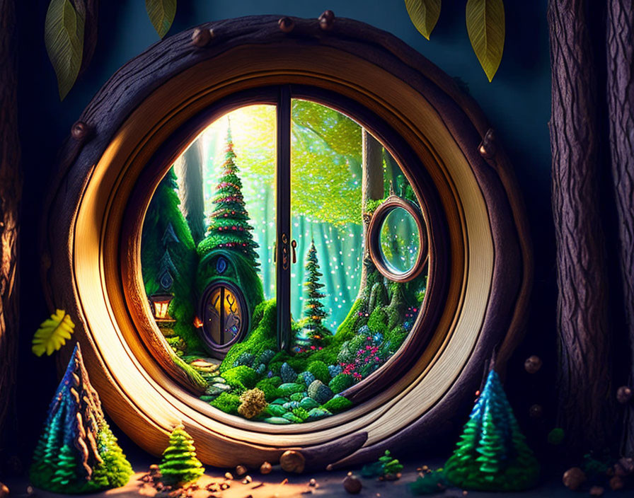 Round window framing vibrant fantasy landscape with lush foliage and cozy house