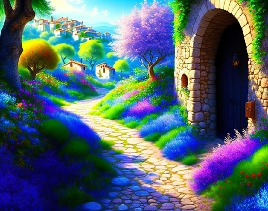Colorful Landscape with Stone Pathway and Purple Trees in Garden