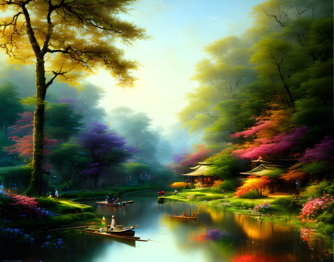 Tranquil river scene with colorful trees, traditional buildings, and misty ambiance