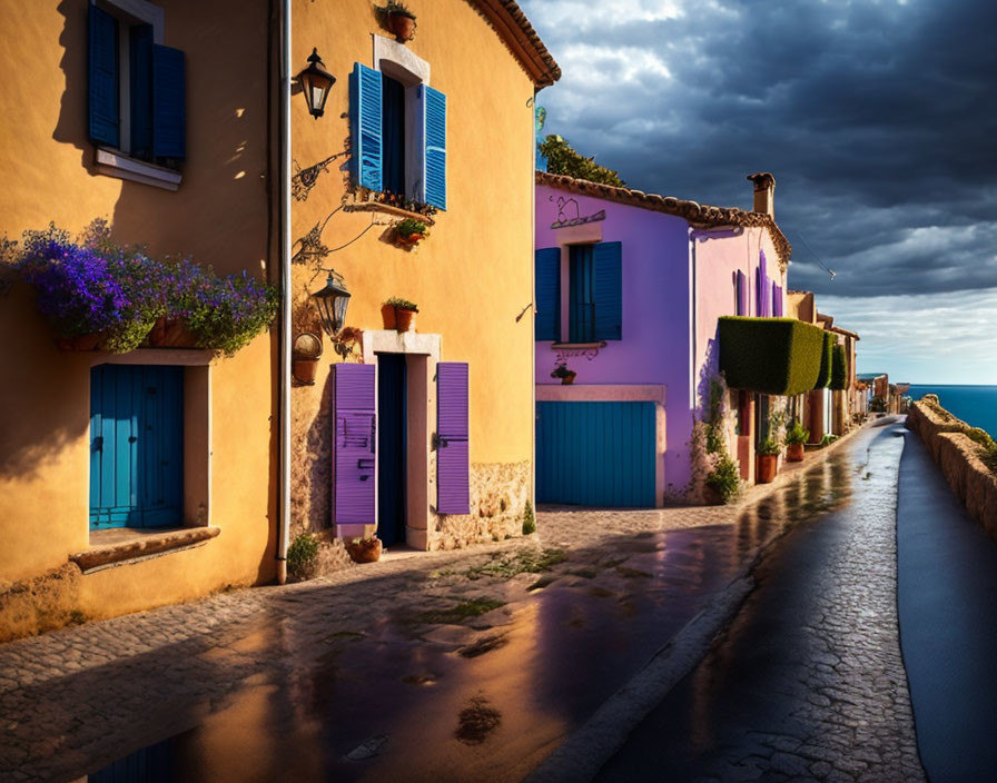 Colorful houses with blue shutters on charming cobblestone street
