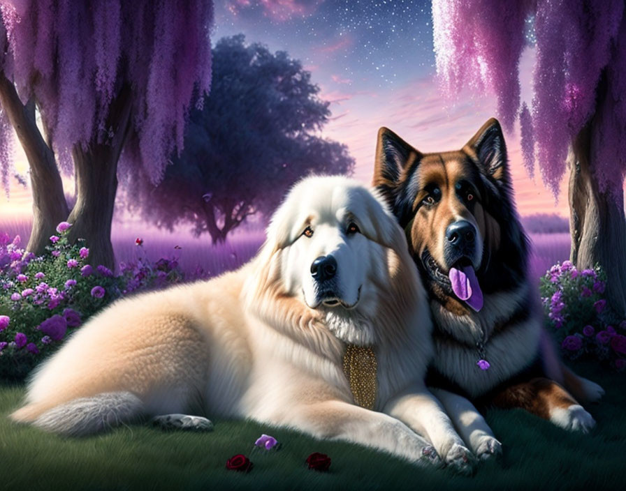 Two Dogs Resting in Serene Garden at Twilight