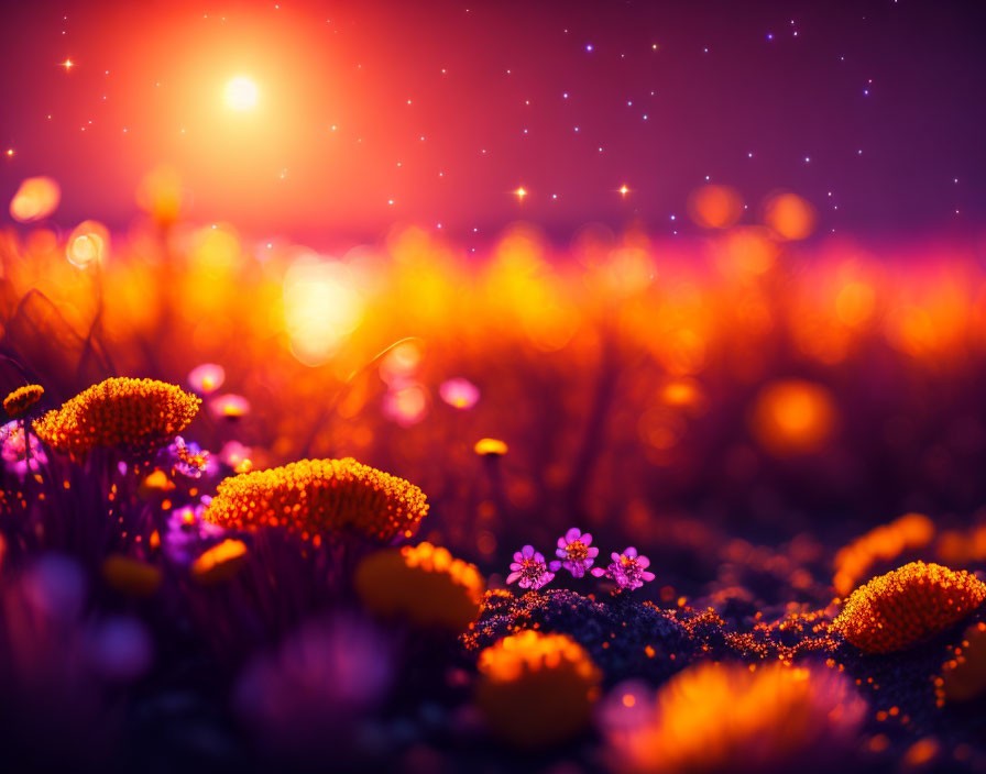 Vivid sunset over blooming flower field with magical bokeh effect