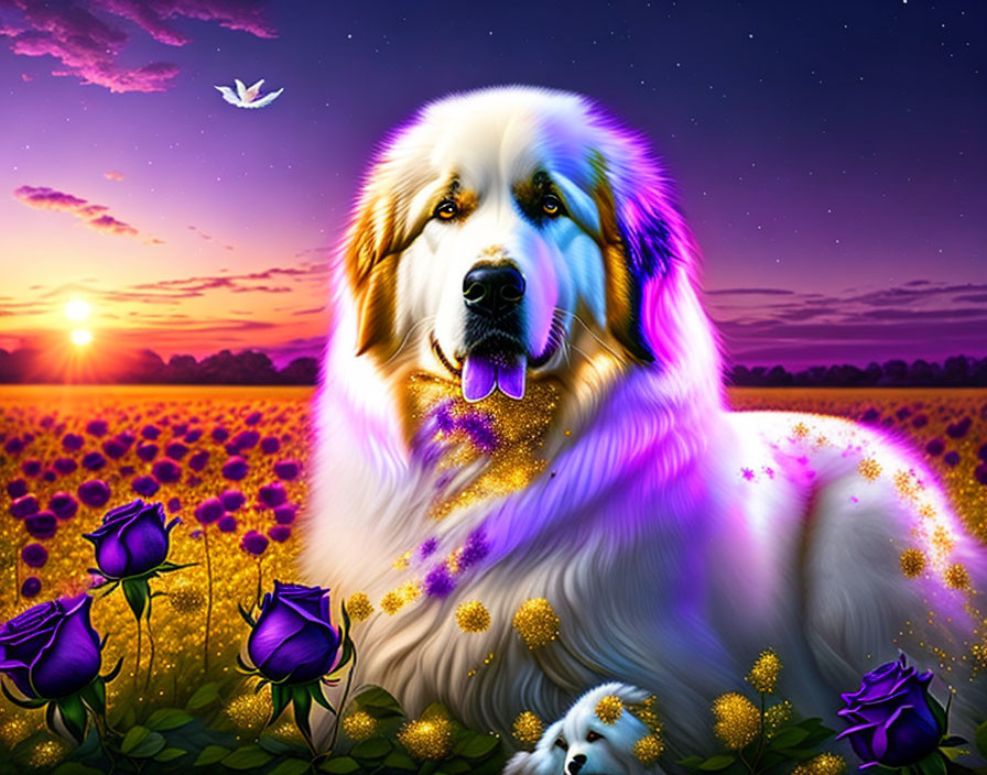Colorful Illustration: Fluffy Dog in Purple Flower Field at Sunset