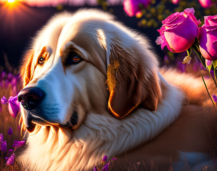 Golden Retriever Relaxing in Field of Purple Flowers at Sunset