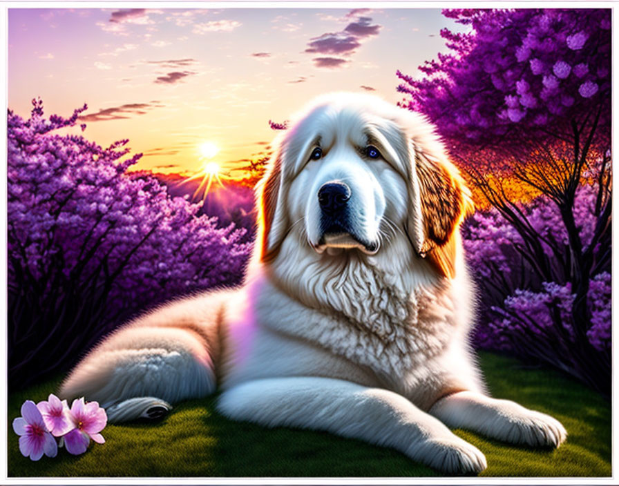 Fluffy white dog in green field with purple trees at sunset