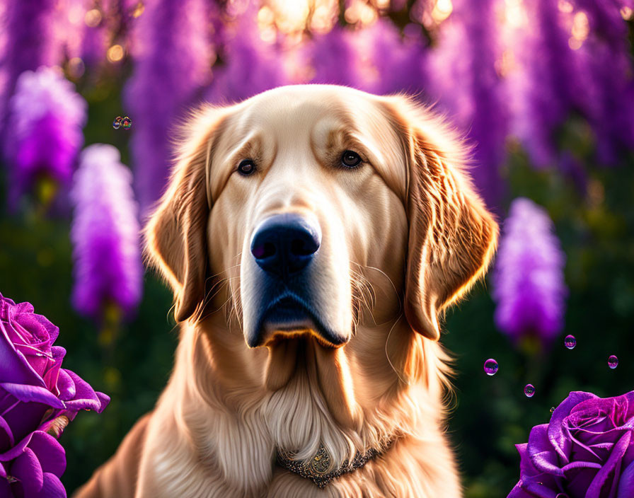 Golden Retriever Surrounded by Purple Flowers and Bubbles in Warm Sunlight