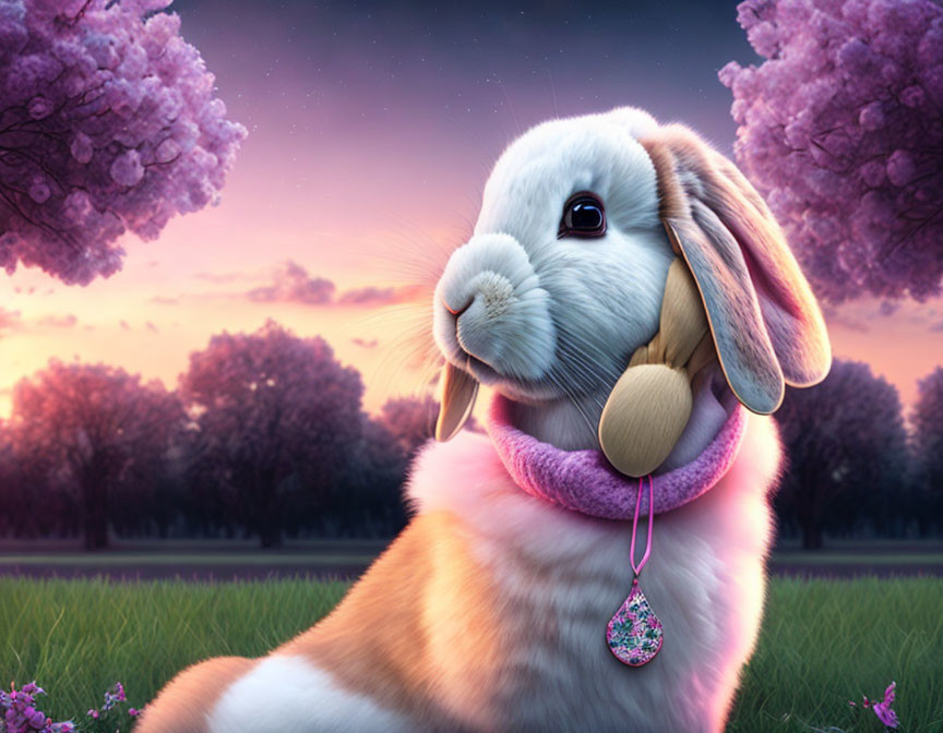 Stylized large rabbit with headphones and scarf in twilight scene