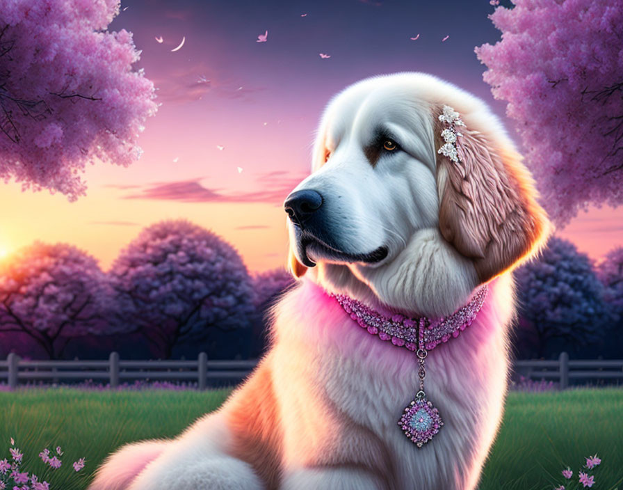 Majestic dog with jewelry in front of pink trees and twilight sky