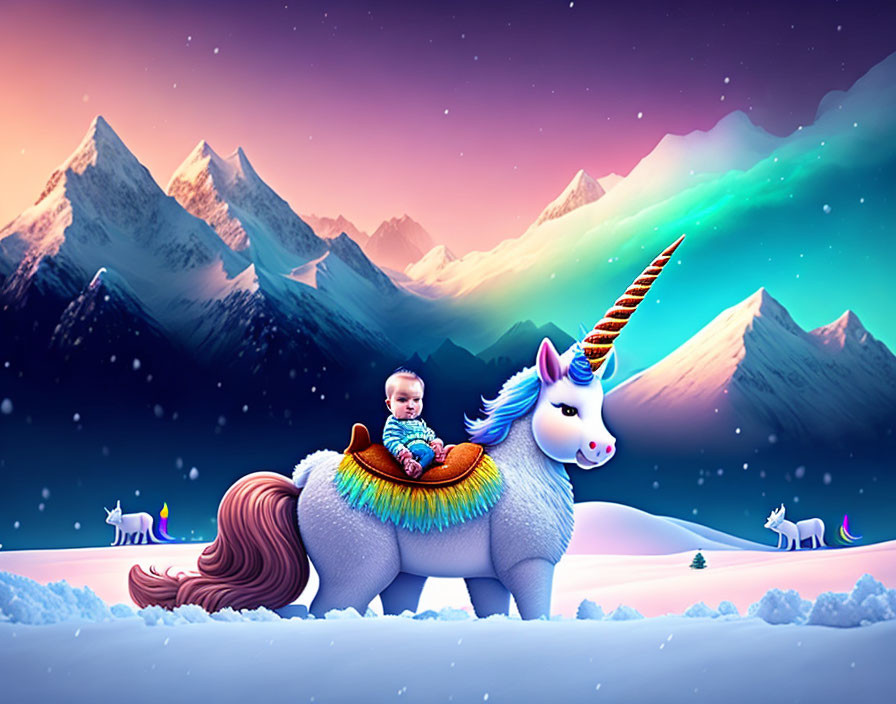 Baby on fantastical unicorn in snowy mountain twilight