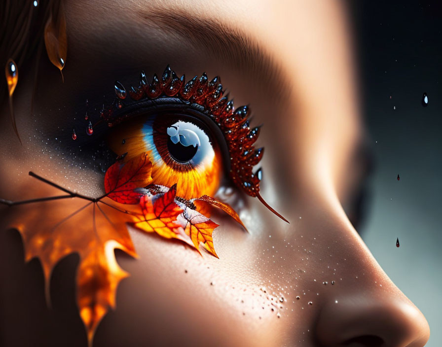 Close-up of woman's face with dramatic orange leaf-inspired eye makeup and small leaf under eye