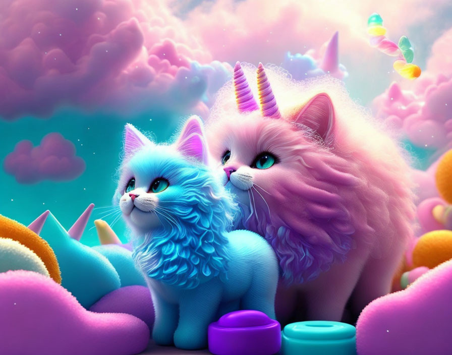 Fluffy Cats with Unicorn Horns in Pastel Clouds