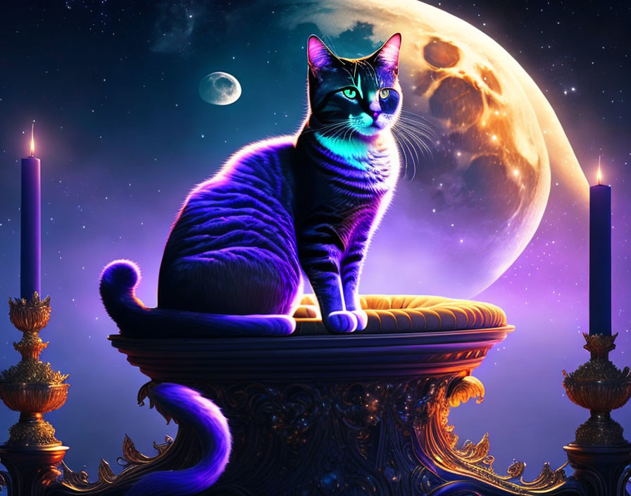 Black cat with glowing fur on cushioned pedestal under full moon