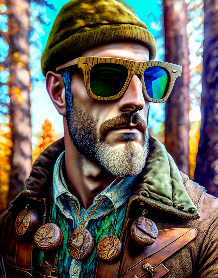Stylized image of bearded man in sunglasses and beret with forest backdrop