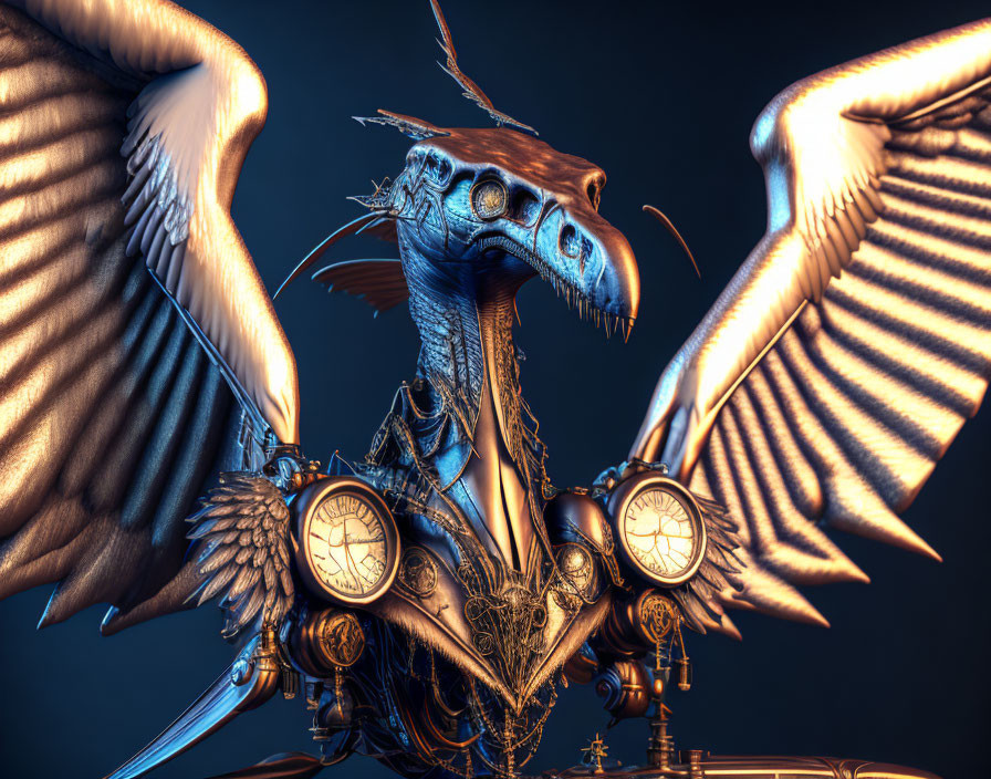 Mechanical dragon with steampunk design and blue metallic finish