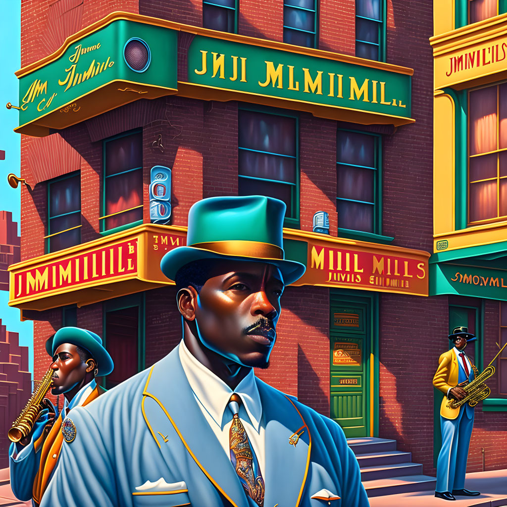 Stylized digital artwork: Three men in vintage blue outfits with trumpet, colorful buildings backdrop.