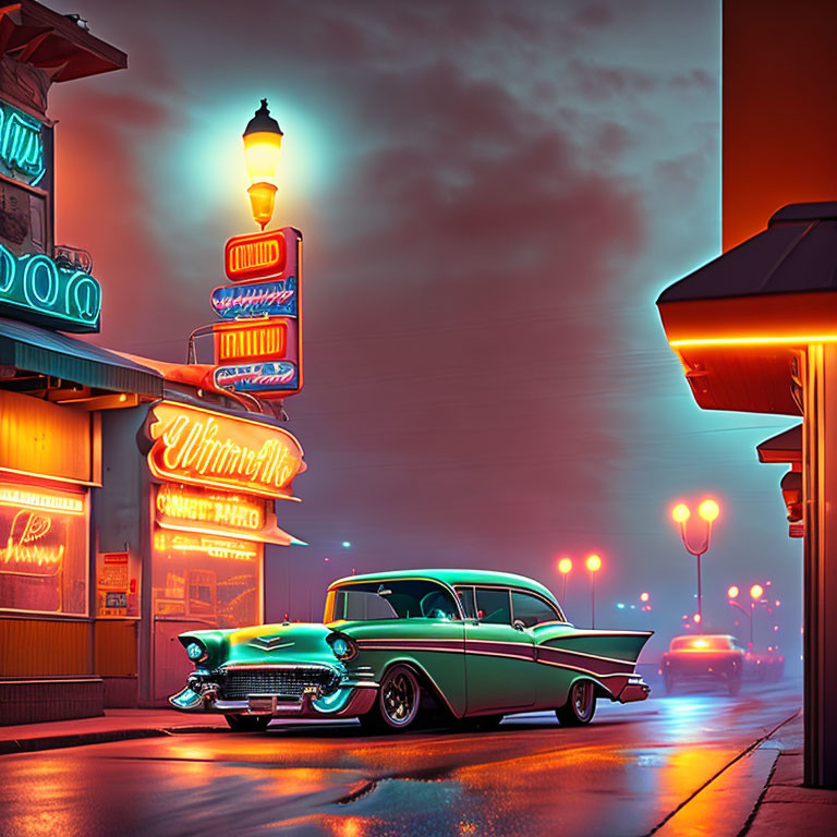 Vintage car on neon-lit street at dusk with illuminated signs