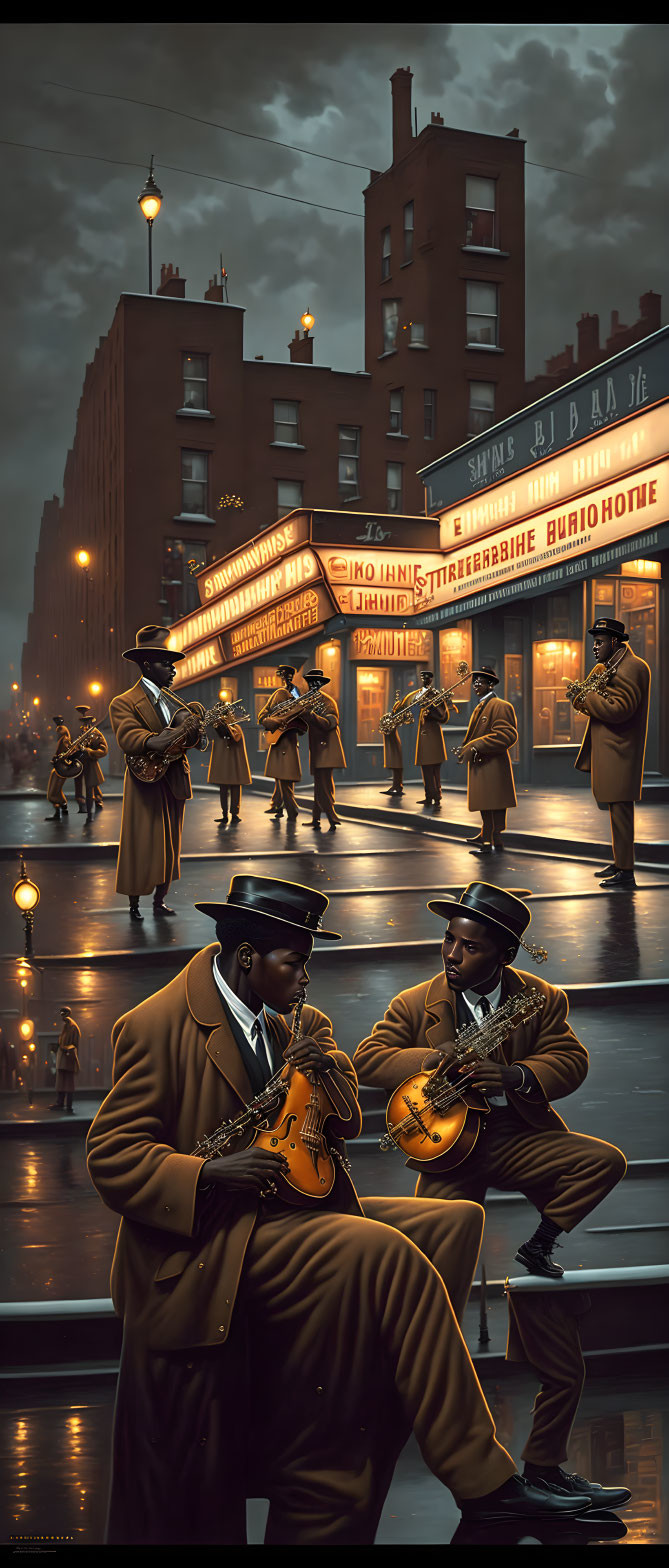 Noir-style night street scene with saxophone musicians