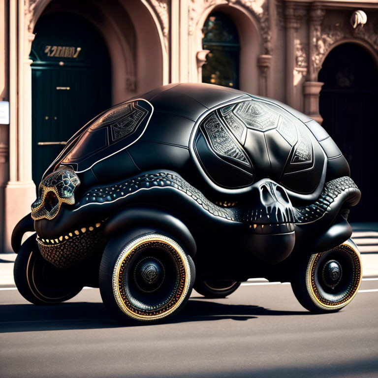 Intricately designed skull-shaped car sculpture on golden wheels