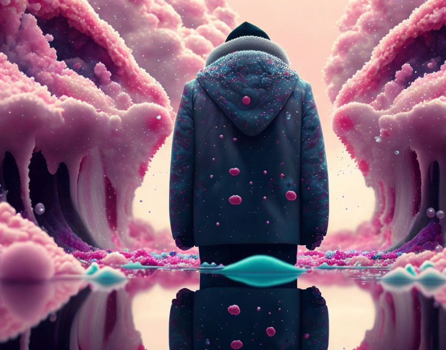 Person in Jacket in Surreal Mirrored Landscape with Pink Crystal Formations and Floating Orbs