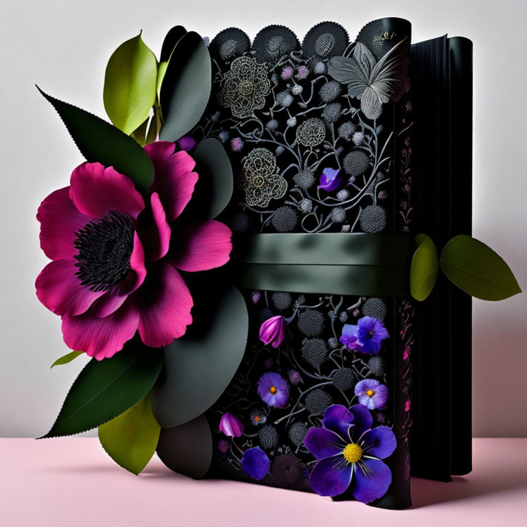 Detailed Floral and Butterfly Design on Black Book Cover