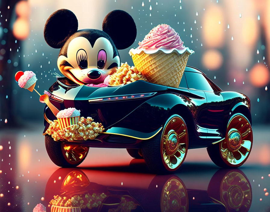 Colorful Mickey Mouse Artwork: Mickey in Futuristic Car with Ice Cream and Popcorn on Magical