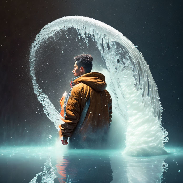 Person in front of dramatic arc of water with mystic blue glow