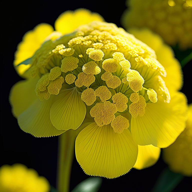 Yellow Flowering Plant with Rounded Clusters and Petal-like Bracts on Dark Background