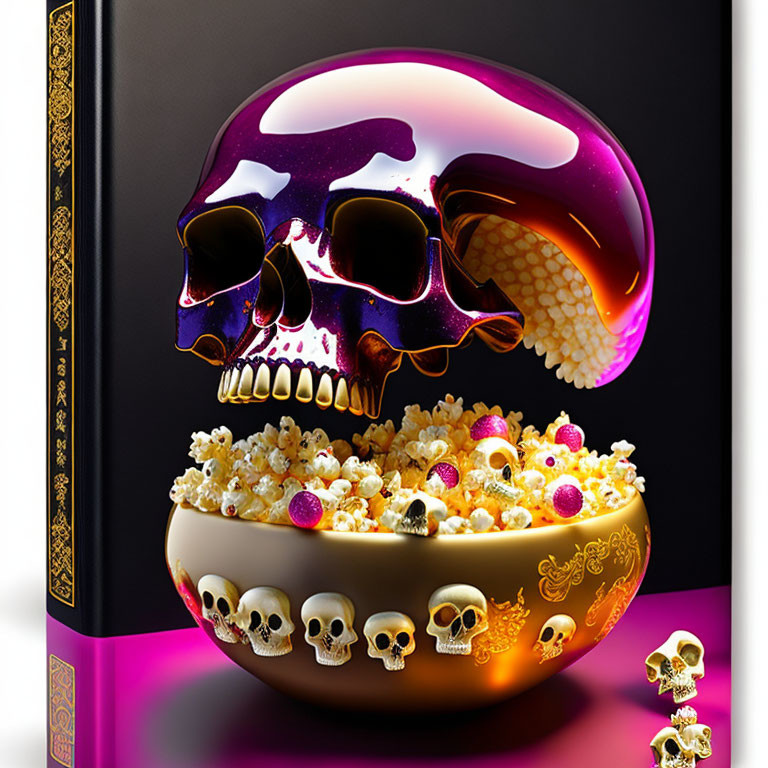 Purple and Gold Skull Floating Above Popcorn Bowl and Miniature Skulls
