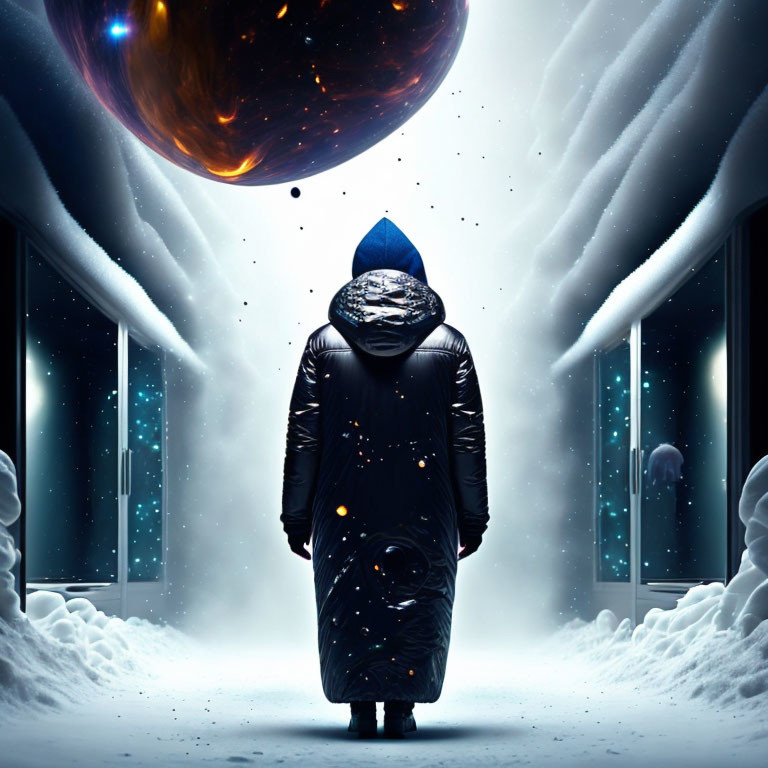 Person in Black Coat Standing in Snow Facing Cosmic Scene with Fiery Planet and Stars