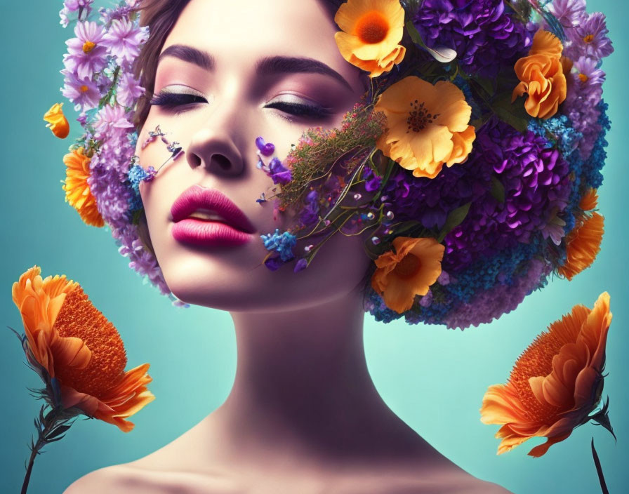 Woman with Closed Eyes Wearing Vibrant Floral Headdress